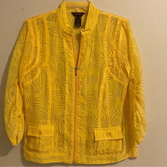 Multiples Women Sheer Zip Up Size S Top/Jacket Cover Up Yellow Roll Tab Sleeves - Picture 1 of 12